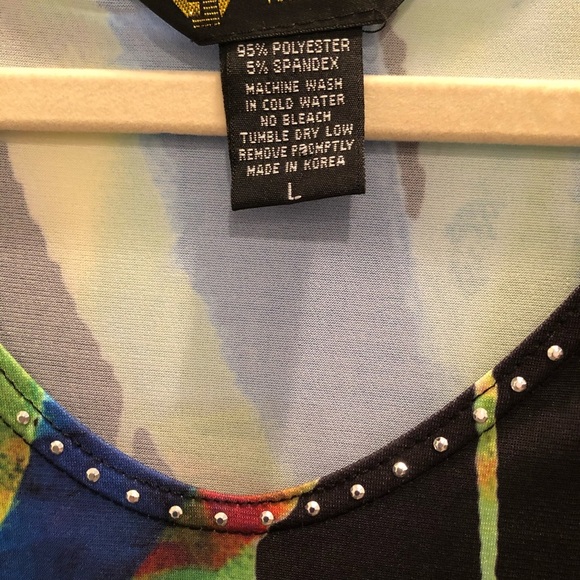 Valentina Top Artsy Rhinestone Colorful Festival Stretch Sz L Mature 3/4 Sleeve - Picture 3 of 9